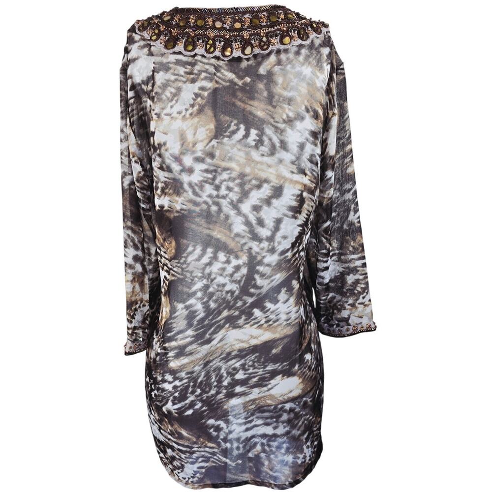 Chico's Animal Print Semi Sheer Beaded Stones Neck Sleeve Women's Blouse 2-M-12 - Picture 5 of 8